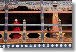 asia, asian, balconies, bhutan, buddhist, clothes, horizontal, monks, people, religious, rinpung dzong, robes, style, photograph