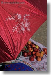 asia, bhutan, farmers, foods, market, street market, umbrellas, vertical, photograph
