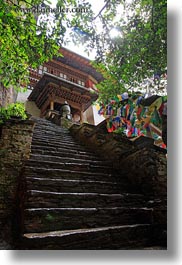 asia, bhutan, buddhist, drukgyel, dzong, flags, prayer flags, religious, stairs, taktsang, temples, vertical, photograph