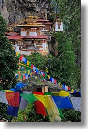 asia, bhutan, buddhist, cliffs, flags, prayer flags, prayers, religious, taktsang, temples, vertical, photograph