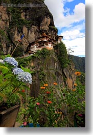 asia, bhutan, buddhist, flowers, religious, taktsang, temples, vertical, photograph