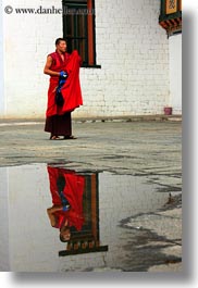 asia, asian, bhutan, buddhist, clothes, monks, nature, people, puddle, reflections, religious, robes, style, tashichho dzong, vertical, water, photograph