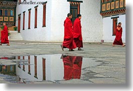 asia, asian, bhutan, buddhist, clothes, horizontal, monks, nature, people, puddle, reflections, religious, robes, style, tashichho dzong, water, photograph