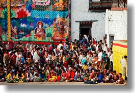 asia, asian, bhutan, crowds, horizontal, people, style, tapestry, under, wangduephodrang dzong, photograph