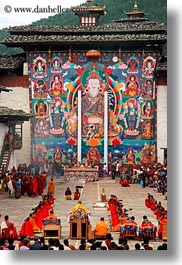 asia, asian, bhutan, crowds, monks, people, style, tapestry, under, vertical, wangduephodrang dzong, photograph