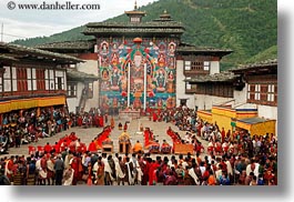 asia, asian, bhutan, crowds, horizontal, monks, people, style, tapestry, under, wangduephodrang dzong, photograph