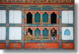 asia, asian, bhutan, boys, horizontal, people, wangduephodrang dzong, windows, photograph