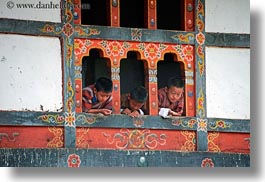asia, asian, bhutan, boys, horizontal, people, wangduephodrang dzong, windows, photograph