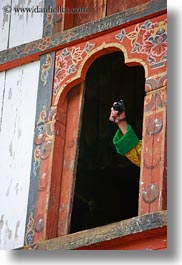 asia, asian, bhutan, cameras, out, people, vertical, wangduephodrang dzong, windows, photograph