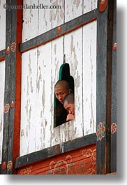 asia, asian, bhutan, buddhist, clothes, men, people, religious, robes, style, vertical, wangduephodrang dzong, windows, photograph