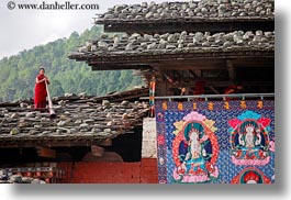 asia, asian, bhutan, buddhist, clothes, horizontal, monks, people, religious, robes, roofs, style, tapestry, tiles, wangduephodrang dzong, photograph