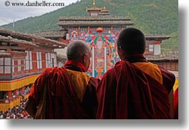 asia, asian, balconies, bhutan, buddhist, clothes, colors, horizontal, monks, people, religious, robes, saffron, style, wangduephodrang dzong, photograph