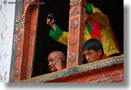 asia, asian, bhutan, buddhist, cameras, cells, clothes, horizontal, monks, people, phones, religious, robes, style, wangduephodrang dzong, photograph
