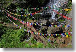 asia, bhutan, bridge, buddhist, flags, horizontal, lush, nature, prayer flags, religious, water, waterfalls, photograph