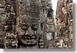 angkor thom, asia, bayon, cambodia, faces, horizontal, rocks, towers, photograph