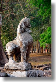 angkor thom, asia, bayon, cambodia, lions, statues, vertical, photograph