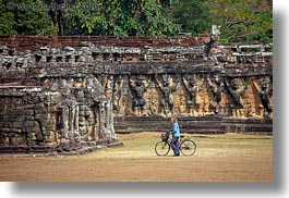 angkor thom, asia, bas reliefs, bicyclists, cambodia, elephant terrace, garuda, horizontal, viewing, photograph