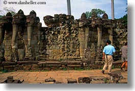 angkor thom, asia, cambodia, elephant terrace, elephants, horizontal, men, stones, walls, photograph