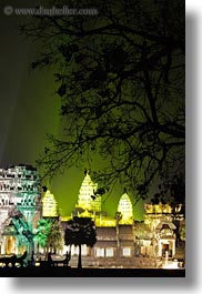 angkor wat, asia, branches, cambodia, green, long exposure, nite, towers, trees, vertical, photograph