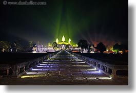 angkor wat, asia, cambodia, green, horizontal, illuminated, long exposure, nite, paths, stones, towers, photograph