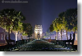 angkor wat, asia, cambodia, gates, horizontal, illuminated, long exposure, nite, palms, paths, trees, west, photograph