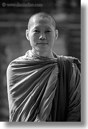 angkor wat, asia, black and white, browns, cambodia, monks, people, robes, vertical, photograph