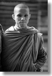 angkor wat, asia, black and white, browns, cambodia, monks, people, robes, vertical, photograph