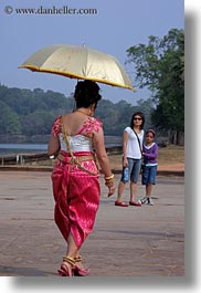 angkor wat, asia, cambodia, dresses, people, traditional, umbrellas, vertical, womens, photograph