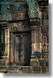 asia, banteay srei, bas reliefs, cambodia, doors, vertical, photograph