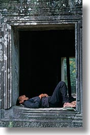 asia, cambodia, men, preah khan, sleeping, vertical, windows, photograph