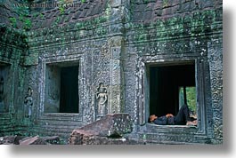 asia, cambodia, horizontal, men, preah khan, sleeping, windows, photograph