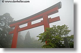 asia, gates, hakone, horizontal, japan, landscapes, misty, torii, photograph