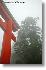asia, gates, hakone, japan, landscapes, misty, torii, vertical, photograph