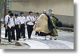 asia, boys, horizontal, japan, koto in, kyoto, priests, walking, photograph
