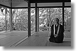 asia, black and white, horizontal, japan, koto in, kyoto, priests, photograph