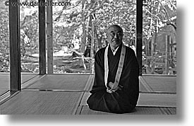 asia, black and white, horizontal, japan, koto in, kyoto, priests, photograph