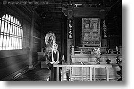 asia, black and white, horizontal, japan, koto in, kyoto, priests, temples, photograph