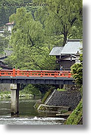 asia, bridge, japan, oranges, riverbank, takayama, vertical, photograph