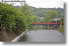 asia, bridge, horizontal, japan, oranges, riverbank, takayama, photograph