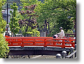 asia, bridge, horizontal, japan, red, riverbank, takayama, photograph