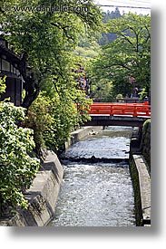 asia, bridge, japan, red, riverbank, takayama, vertical, photograph