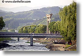 asia, bridge, gates, horizontal, japan, riverbank, takayama, torii, photograph