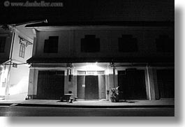 asia, black and white, buildings, horizontal, laos, luang prabang, nite, photograph