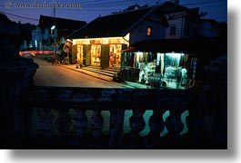 asia, buildings, fences, glow, horizontal, laos, lights, luang prabang, nite, stones, photograph