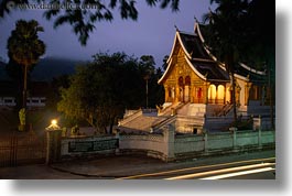 asia, buildings, dusk, glow, haw kham, horizontal, laos, lights, luang prabang, palace, temples, photograph