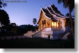 asia, buildings, dusk, glow, haw kham, horizontal, laos, lights, luang prabang, palace, temples, photograph