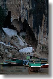 asia, boats, buildings, cave temple, caves, entrance, laos, luang prabang, temples, vertical, photograph