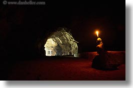 asia, buildings, candles, cave temple, caves, entrance, glow, horizontal, laos, lights, luang prabang, temples, photograph
