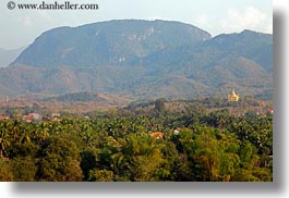 asia, buildings, golden, horizontal, laos, luang prabang, mountains, temples, photograph