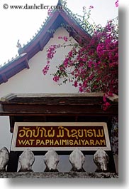 asia, bougainvilleas, buddhist, buildings, flowers, laos, luang prabang, nature, paphaimisaiyaram, religious, signs, temples, vertical, wat, photograph